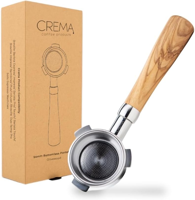 Crema Coffee Products 54mm Bottomless Naked Portafilter | Compatible with 54mm Breville Machines | Includes Double Shot Filter Basket
