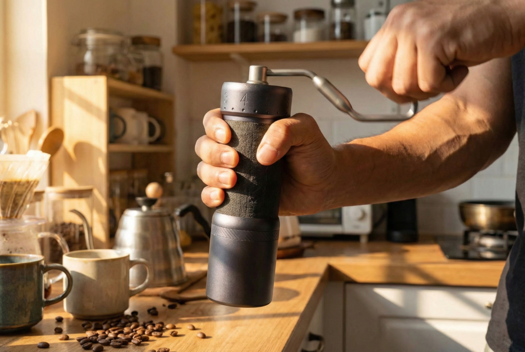 Grinding espresso beans manually with 1Zpresso J-Ultra