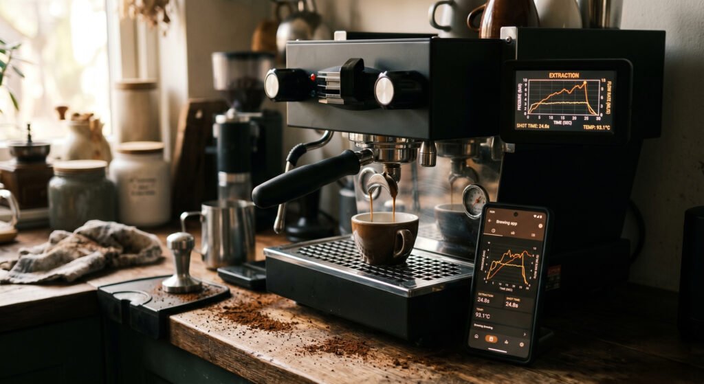 Smart espresso machine with touchscreen and smartphone app