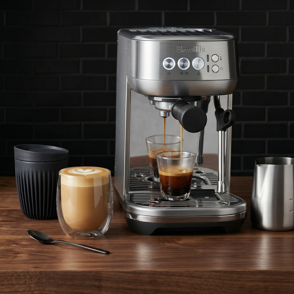 a silver Breville Bambino Plus espresso machine