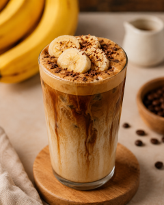Is banana coffee worth the hype? Iced banana bread latte with cold foam on a kitchen counter