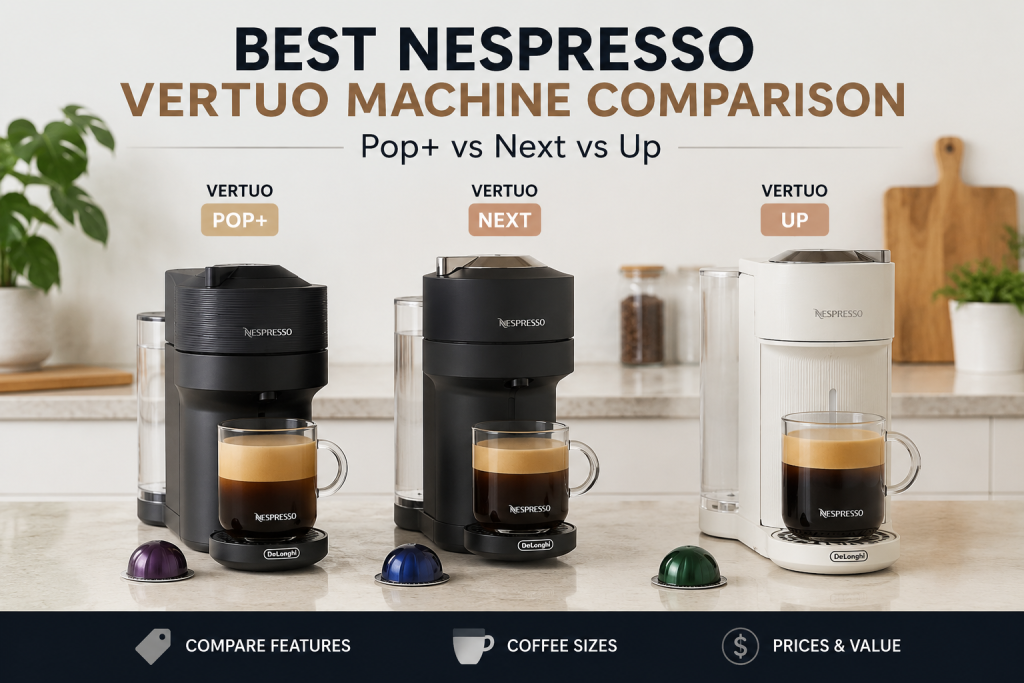 Best Nespresso Vertuo machine comparison featuring Vertuo Pop+ on a clean kitchen counter